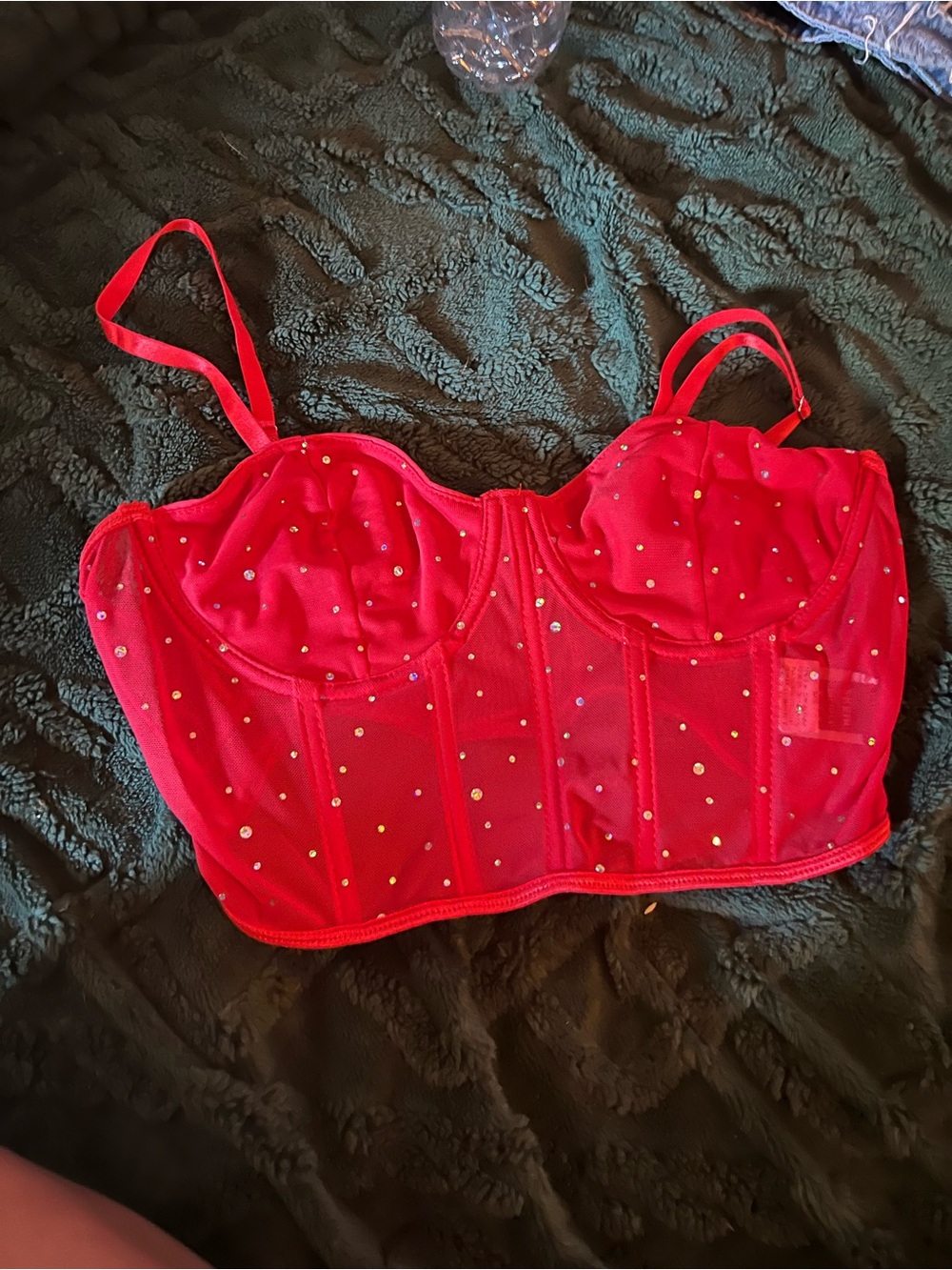 SHEIN Red Rhinestone Mesh Bustier Crop Top